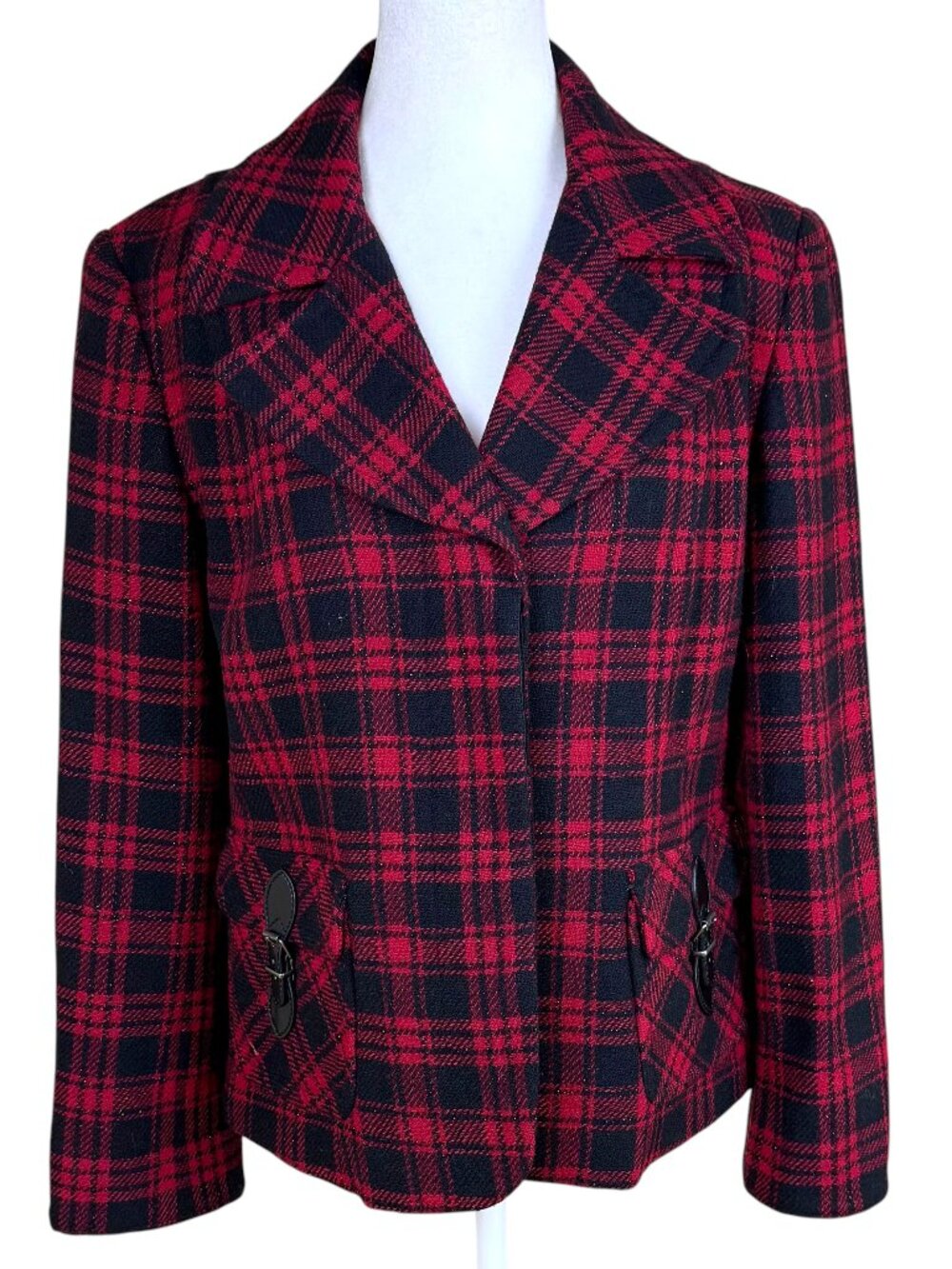 Talbots Plaid Blazer Wool Blend Red Black Metallic Flecks Equestrian (8)